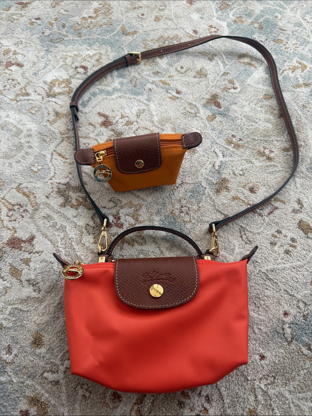 Longchamp Small Red Nylon Crossbody with Brown Leather Trim and Mustard Pouch
